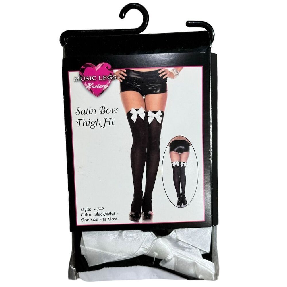 Music Legs Black Thigh High Stockings with White Satin Bow‎ Women's One Size